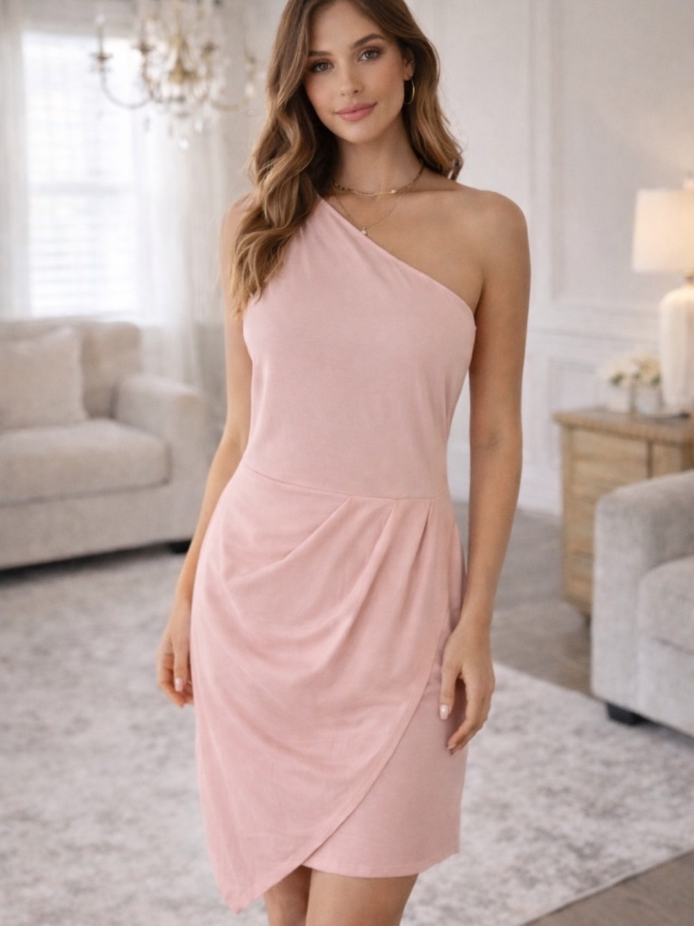 PrettyGarden NWT Blush Pink One Shoulder Ruched Mini Dress Size Large